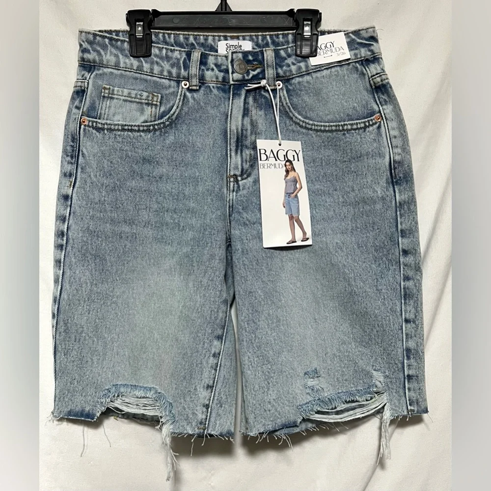 NWT Simple Society Baggy Bermuda Dad Jean Shorts Denim Distressed Summer Casual